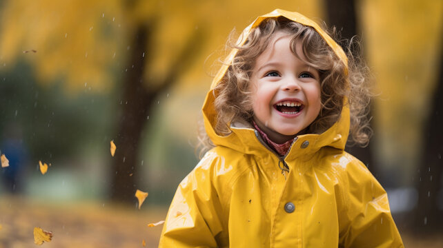 happy small girl with yellow raincoat under the rain