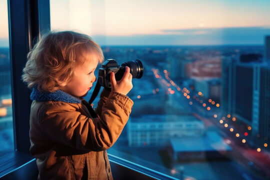 photographer little children taking a photo with camera of city through house window glass