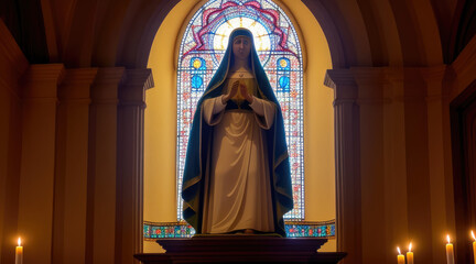 statue of virgin mary in the center of church shrine altar- Generative AI
