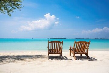 Two chaise longues under a sun umbrella stand on the beach on the ocean or sea coast of a resort island or country. Dream vacation travel package