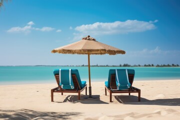 Two chaise longues under a sun umbrella stand on the beach on the ocean or sea coast of a resort island or country. Dream vacation travel package