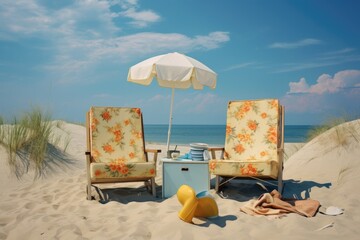Retro style vacation in the beach. Two chaise-longues  stand on the beach against the backdrop of the sea, tourist season