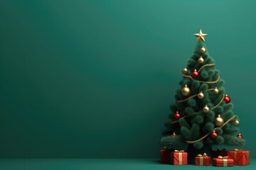 New year's eve. Christmas tree with gifts isolated stands on a colored background with copyspace for text. concept for events, invitations, New Year's discounts, congratulations