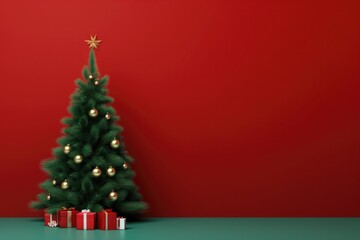 Decorated Christmas tree on red background. Holiday coming soon . Copy space for text of you sale advertisement 
