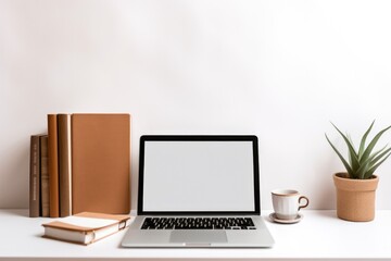 Fototapeta premium Computer laptop with blank empty screen for copy space text on working desk table or workplace vector with books, pc with empty display work place office modern design . Business online and working 