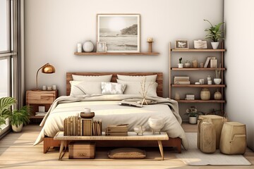 A fashionable bedroom with stylish d�cor, including a warm and inviting interior. It features a wooden bedside table, a ceramic vessel, a book, exquisite bed sheets, a cozy blanket, comfortable