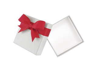 open empty grey gift box with red ribbon bow isolated on transparent, top view