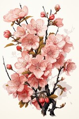 Watercoloring of Cherry blossom branch with sakura flower. Design spring tree and Sakura on white background. Cherry blossom flower bouquet blooming.
