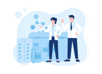 Two doctors standing in lab with medicine formula concept flat illustration