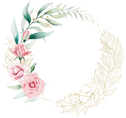 Round Frame made of pink and golden watercolor flowers and green leaves, wedding illustration