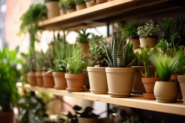 Fototapeta na wymiar Shelf with many different houseplants in store
