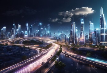 Fototapeta na wymiar Smart digital city with high speed light trail of cars of digital data transfer