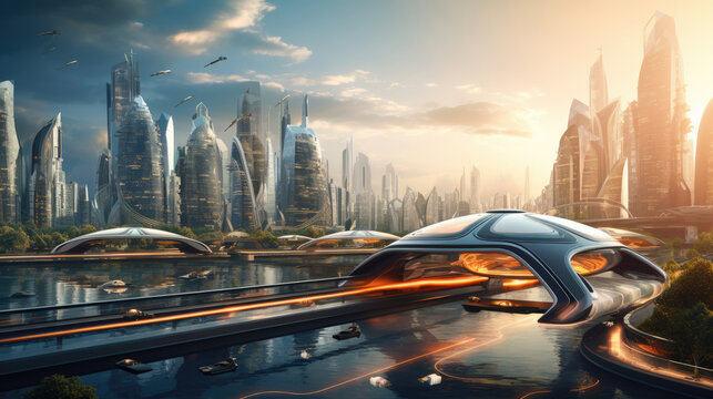 Future city concept. 3D rendering of a futuristic city in the background