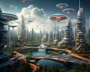 Fantasy alien city with flying saucers. 3D rendering