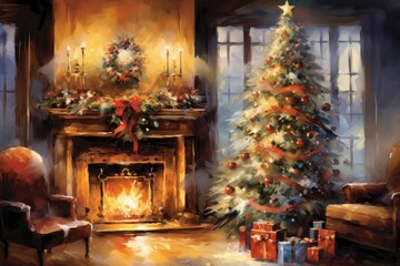 Fototapeta na wymiar Christmas Charming watercolor Cozy fireplace, Christmas tree and presents in a dreamy scene