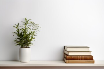 a wall shelf against a white wall with books and a plant