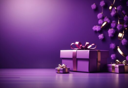Purple gift box again studion background, empty space for bussines