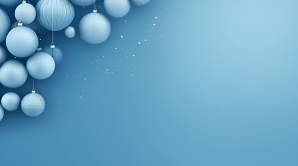 Christmas and New Year holiday background. Blue Glass Balls hanging on ribbon on Navy blue background with snowflakes, copy space for text. The concept of Christmas and New Year holidays