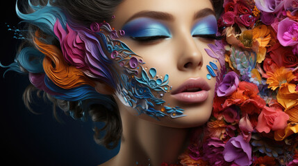 Fototapeta premium Portrait of a woman with abstract flowers and patterns in her hair.