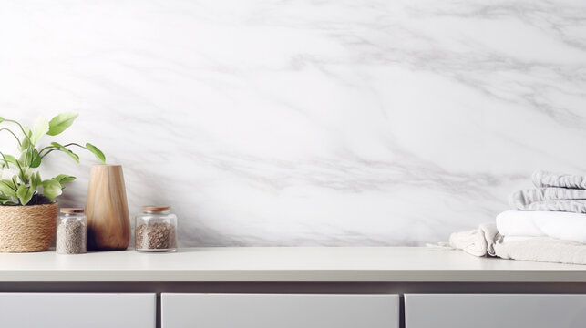 Empty White Marble Countertop And Wall With Copy Space Place For Mounting Your Product And Blurred Background Of Bathroom Interior And Towels.