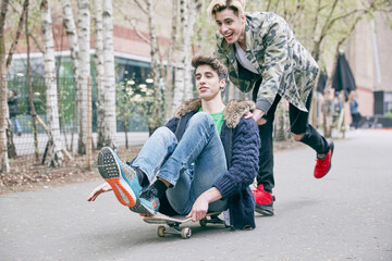 Teenage twin brothers playing with skateboard