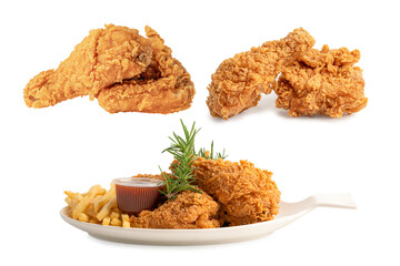 Fried chicken isolated on white background, junk food snack concept.