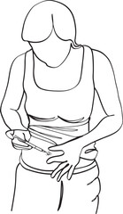Fototapeta na wymiar Cartoon Illustration: Woman Self-Injecting in Continuous Line Drawing, Illustrated Self-Injection, Woman Giving Herself Injection in Single Stroke