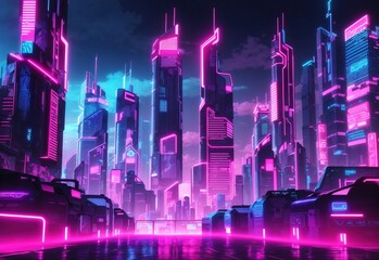 Pink and blue neon lights on a city full of skyscrapers. neo-noir pink and blue city full of skyscrapers. cyberpunk style dark city with pink and blue gradient neon lights