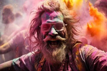 Close up of Indian Beard Man on sunglasses playing holi With Full Face & Hair covered with colorful paints with smile