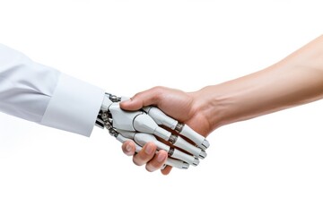 Business hand robot handshake with human isolated on the white background. Ai artificial intelligence digital transformation - obrazy, fototapety, plakaty