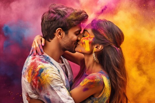 Cheerful young Indian couple in love playing with colorful powder color or gulal celebrating holi festival at park and kissing outdoor.