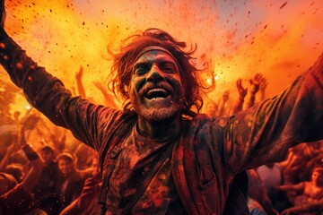 Portrait of a mature  happy indian man playing holi and dancing . Face covered in Holi colors with a beautiful blue sky in background, India travel . Copy space for graphics and text.