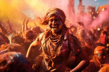 Portrait of a young happy indian man playing holi and dancing . Face covered in Holi colors with a beautiful blue sky in background, India travel . Copy space for graphics and text.
