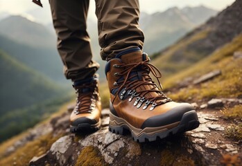 Man hiking up mountain trail close-up of leather hiking boot - obrazy, fototapety, plakaty