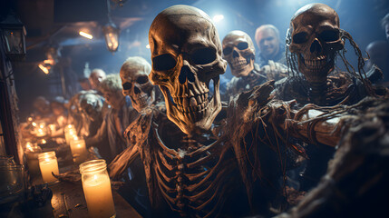 Spooky halloween background. Group of skeletons taking a selfie celebrating Halloween night. Generative ai - obrazy, fototapety, plakaty