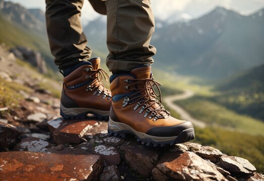 Man hiking up mountain trail close-up of leather hiking boot