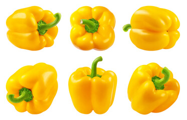 Yellow pepper isolated set. Collection Bulgarian pepper in different angles on a transparent background.
