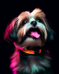 Mystical portrait of a Shih Tzu dog with colorful light effect on its fur for home decor generated using AI.