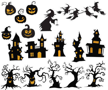 Set of silhouettes of Halloween on a white background. template and decoration. Vector illustration.