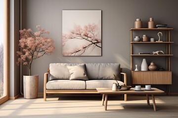 A contemporary living room with a brown wooden sofa, a gray bookstand, a glassy vase filled with flowers, various decorations, and classy accessories. The color scheme consists of beige tones and