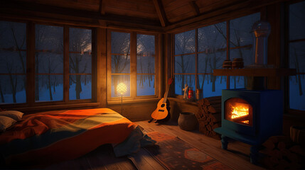 Enchanting Night in a Wooden Cozy Cottage with a Roaring Fireplace. Generative AI