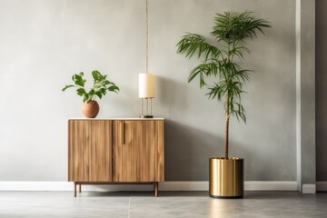 A home interior with a vintage cupboard, elegant marble accessories, a hanging plant, and a gold table lamp, creating a stylish and well designed space. The decor gives off a cozy vibe with a