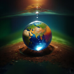 planet earth in water drop, save water