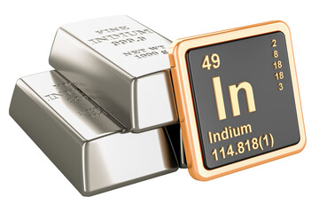 Indium ingots with chemical element icon Indium In, 3D rendering isolated on transparent background