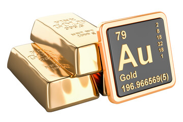 Gold ingots with chemical element icon Aurum Au, 3D rendering isolated on transparent background - obrazy, fototapety, plakaty