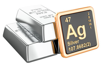 Silver bars with chemical element icon Argentum Ag, 3D rendering isolated on transparent background - obrazy, fototapety, plakaty