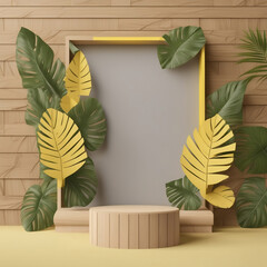 Tropical leaf decoration on realistic wooden display podium. Sunlight and bright yellow background templates. Created with Generative AI technology