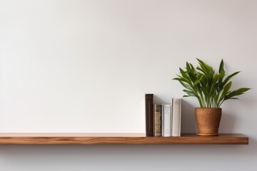 a brown wall shelf against a white wall with books and a plant