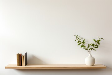 a brown wall shelf against a white wall with books and a plant