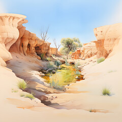 Illustration of a small oasis in a dry parched desert - obrazy, fototapety, plakaty